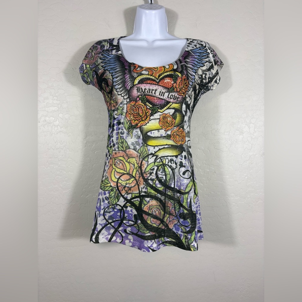 VTG 00’s Y2K Wet Seal Rhinestone Winged Heart Roses Tattoo Tee Shredded Back S/M